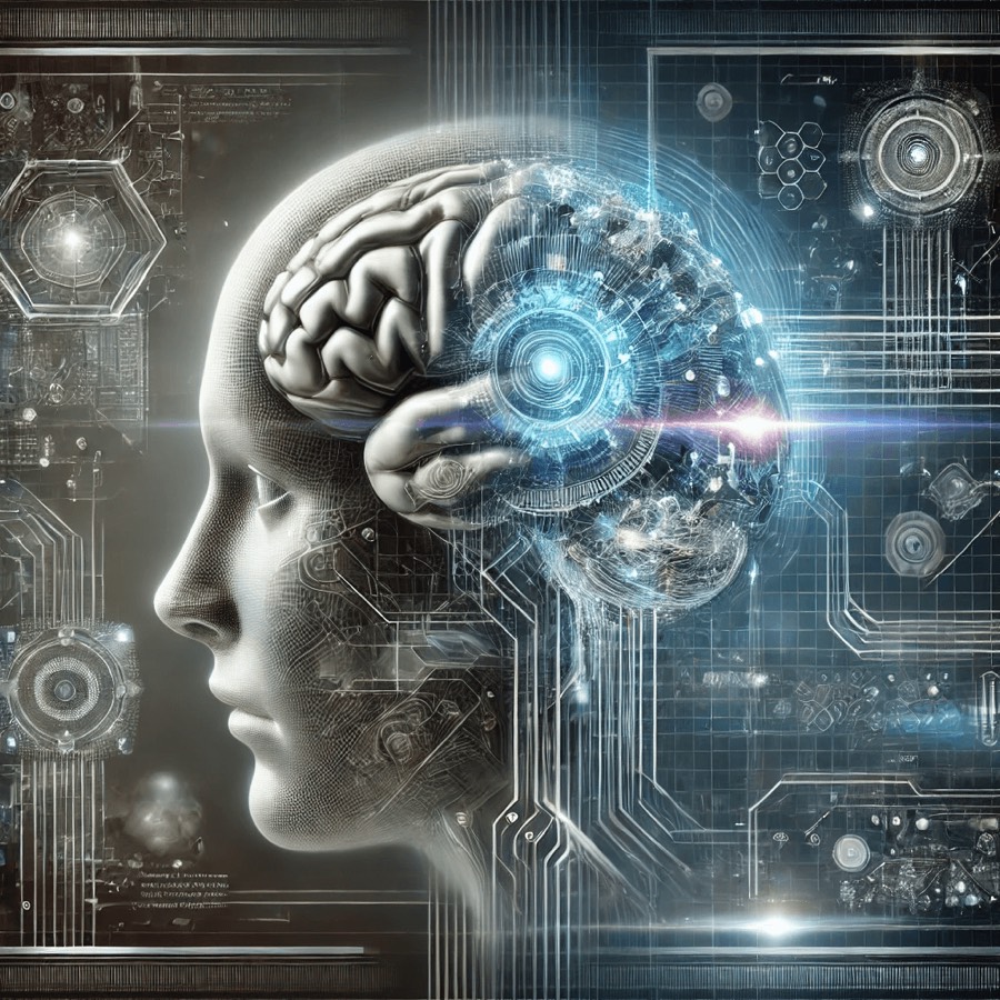 Illustration of a human profile merging with circuitry